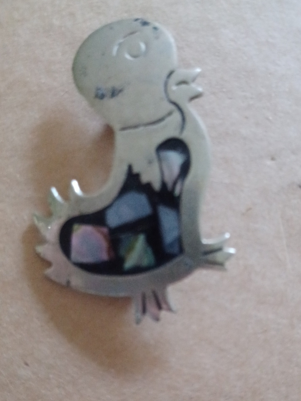 Source Unknown Silver Chick Brooch with Iridescent Inlay